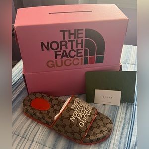 The North Face slides from GUCCI featuring beige,
leather, GG Supreme canvas